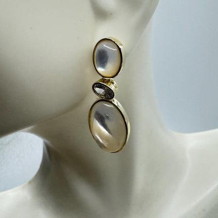 Vintage White Mother of Pearl Silver Drop Earrings Golden 925 Sterling Silver