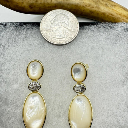 Vintage White Mother of Pearl Silver Drop Earrings Golden 925 Sterling Silver