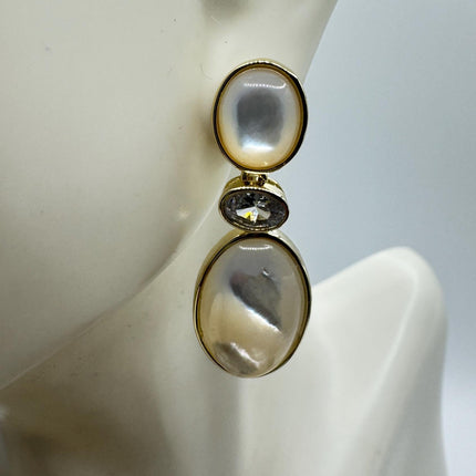 Vintage White Mother of Pearl Silver Drop Earrings Golden 925 Sterling Silver