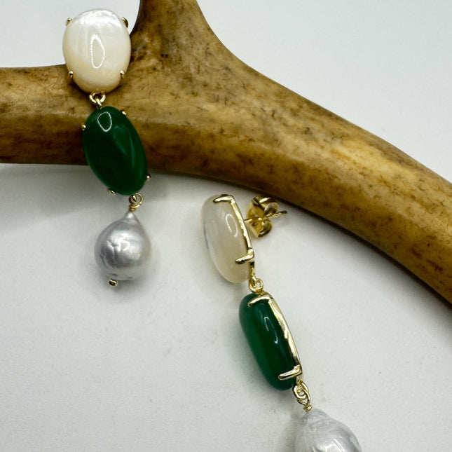 Vintage Jade White Mother of Pearl Silver Drop Earrings Golden 925 Sterling Silver