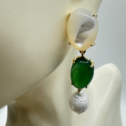 Vintage Jade White Mother of Pearl Silver Drop Earrings Golden 925 Sterling Silver