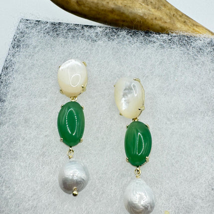 Vintage Jade White Mother of Pearl Silver Drop Earrings Golden 925 Sterling Silver