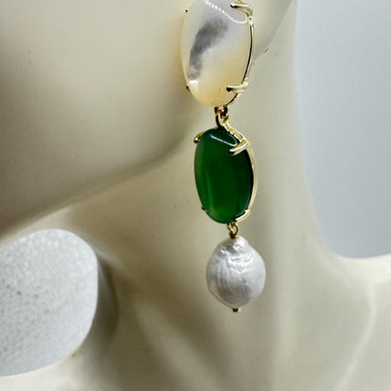 Vintage Jade White Mother of Pearl Silver Drop Earrings Golden 925 Sterling Silver