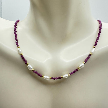 Vintage Pink Ruby White Pearl Gemstone Gold Filled Beaded Necklace: Minimalist Style