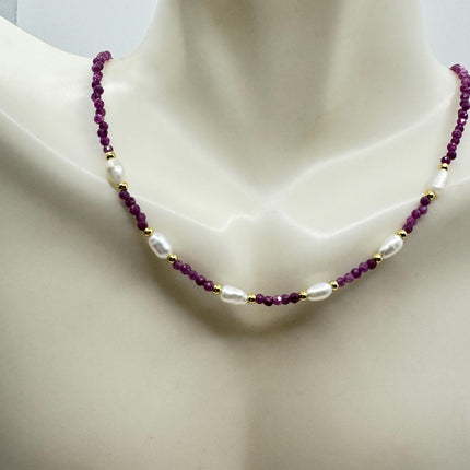 Vintage Pink Ruby White Pearl Gemstone Gold Filled Beaded Necklace: Minimalist Style