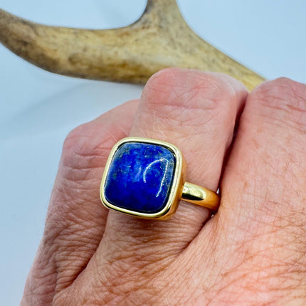 Vintage Blue Lapis Lazuli Crystal Cocktail Ring gold filled adjustable