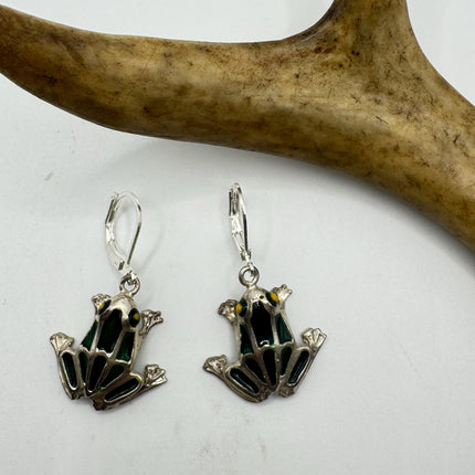 Vintage Green Enamel Frog Earrings 925 Sterling Silver Liver Backs