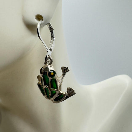 Vintage Green Enamel Frog Earrings 925 Sterling Silver Liver Backs