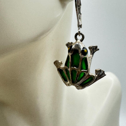 Vintage Green Enamel Frog Earrings 925 Sterling Silver Liver Backs