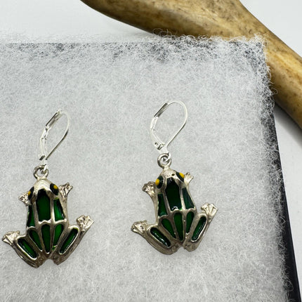 Vintage Green Enamel Frog Earrings 925 Sterling Silver Liver Backs