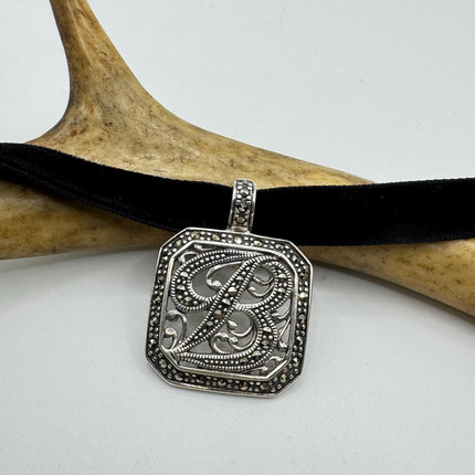 Vintage Silver Initial B Pendant | Marcasite 925 Sterling Silver Choker Necklace