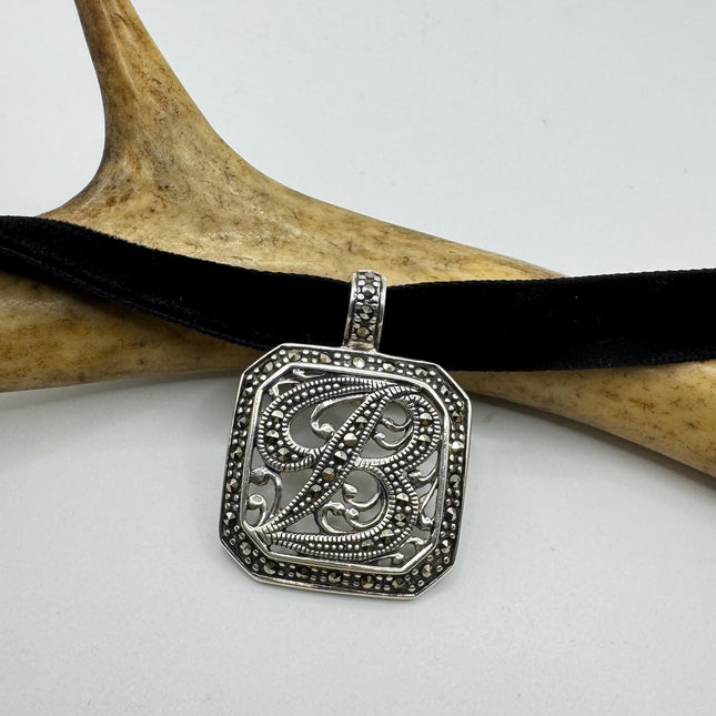 Vintage Silver Initial B Pendant | Marcasite 925 Sterling Silver Choker Necklace