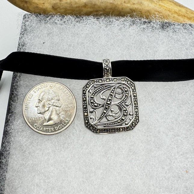 Vintage Silver Initial B Pendant | Marcasite 925 Sterling Silver Choker Necklace