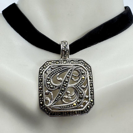 Vintage Silver Initial B Pendant | Marcasite 925 Sterling Silver Choker Necklace