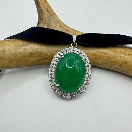 Vintage Green Jade Choker Necklace - Art Deco Silver Bronze
