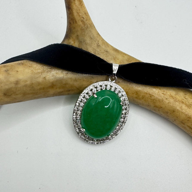 Vintage Green Jade Choker Necklace - Art Deco Silver Bronze
