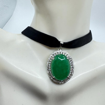 Vintage Green Jade Choker Necklace - Art Deco Silver Bronze