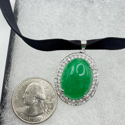 Vintage Green Jade Choker Necklace - Art Deco Silver Bronze