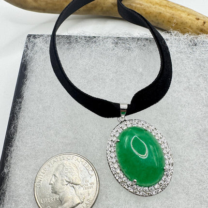 Vintage Green Jade Choker Necklace - Art Deco Silver Bronze