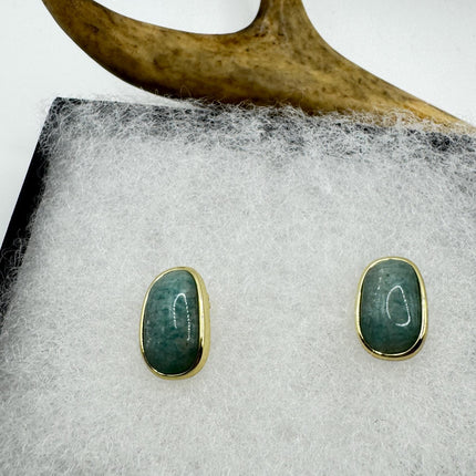 Vintage Green Nephrite Jade Gold 925 Sterling Silver Button Earrings