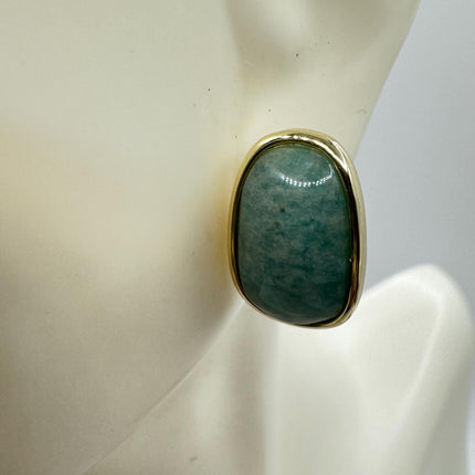 Vintage Green Nephrite Jade Gold 925 Sterling Silver Button Earrings