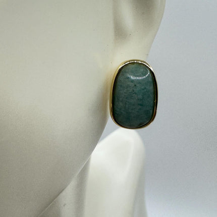 Vintage Green Nephrite Jade Gold 925 Sterling Silver Button Earrings