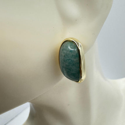 Vintage Green Nephrite Jade Gold 925 Sterling Silver Button Earrings