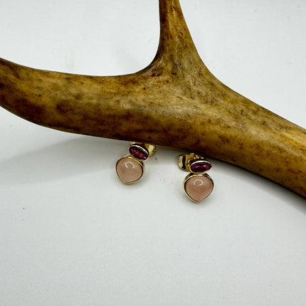 Vintage Pink Rose Quartz Earrings - Golden 925 Sterling Silver