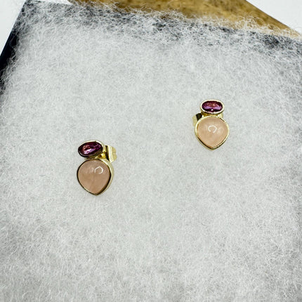 Vintage Pink Rose Quartz Earrings - Golden 925 Sterling Silver