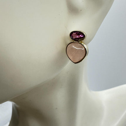 Vintage Pink Rose Quartz Earrings - Golden 925 Sterling Silver