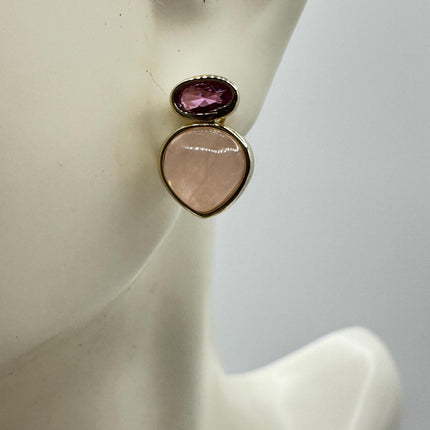 Vintage Pink Rose Quartz Earrings - Golden 925 Sterling Silver