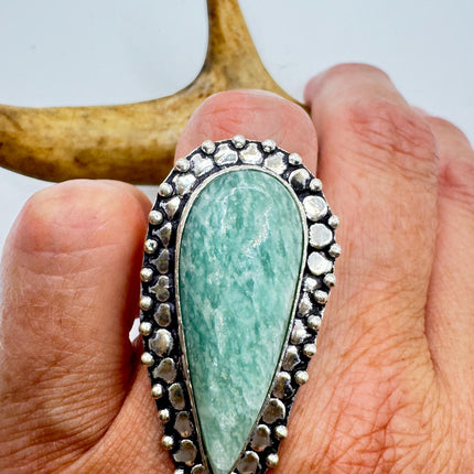 Vintage Silver Bronze Green Amazonite Ring: Unique Statement Jewelry