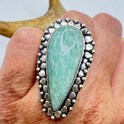 Vintage Silver Bronze Green Amazonite Ring: Unique Statement Jewelry