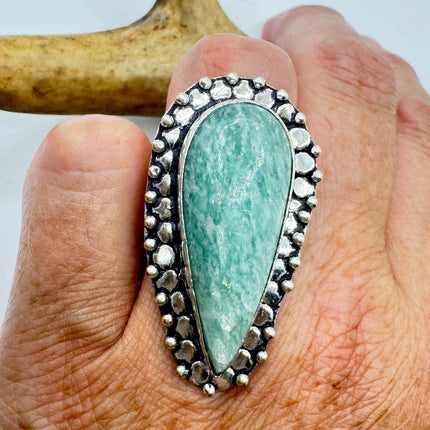 Vintage Silver Bronze Green Amazonite Ring: Unique Statement Jewelry