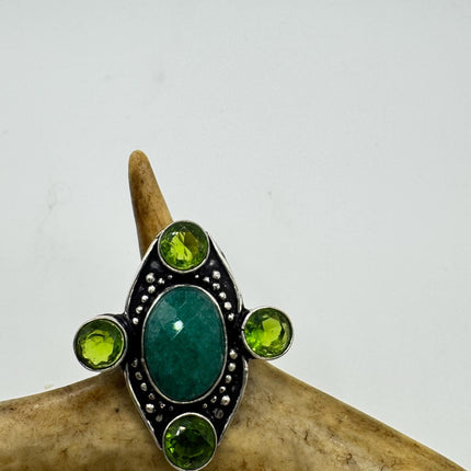 Vintage Green Emerald Boho Cocktail Statement Ring Silver