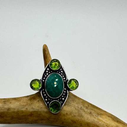 Vintage Green Emerald Boho Cocktail Statement Ring Silver