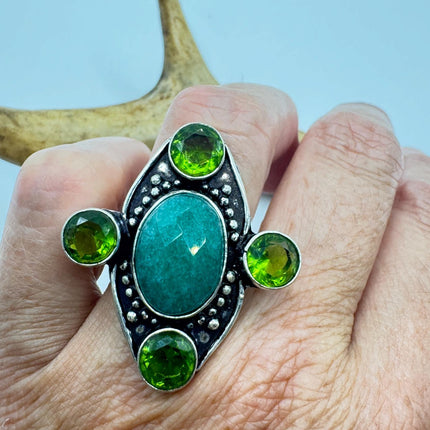 Vintage Green Emerald Boho Cocktail Statement Ring Silver