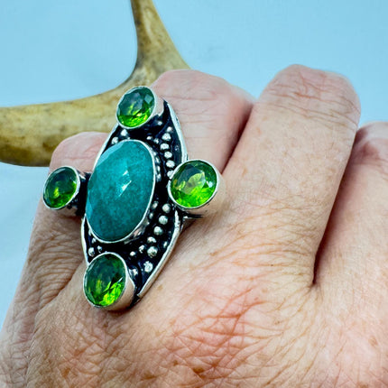 Vintage Green Emerald Boho Cocktail Statement Ring Silver