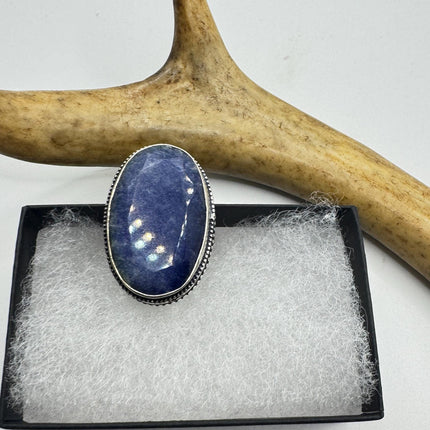 Vintage Raw Blue Sapphire Ring: Handmade Silver Bronze Boho Jewelry