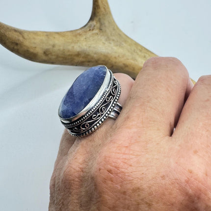 Vintage Raw Blue Sapphire Ring: Handmade Silver Bronze Boho Jewelry