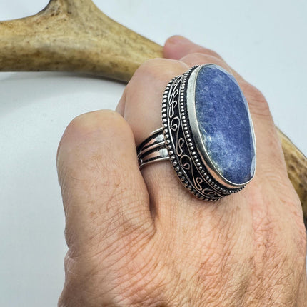 Vintage Raw Blue Sapphire Ring: Handmade Silver Bronze Boho Jewelry