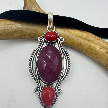 Vintage Pink Ruby Choker Necklace - Bronze Silver
