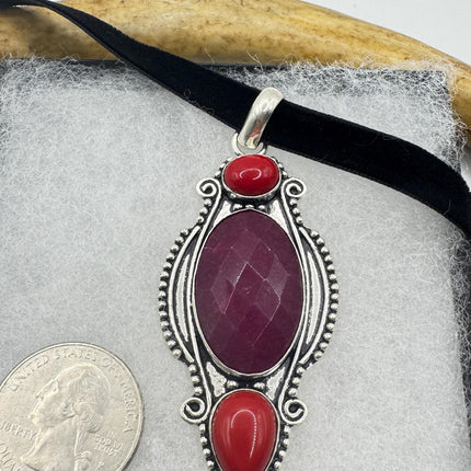 Vintage Pink Ruby Choker Necklace - Bronze Silver
