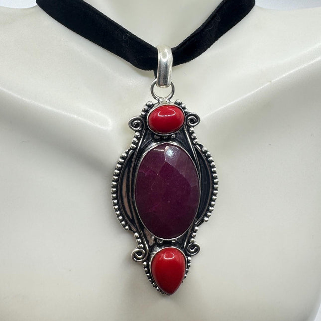 Vintage Pink Ruby Choker Necklace - Bronze Silver