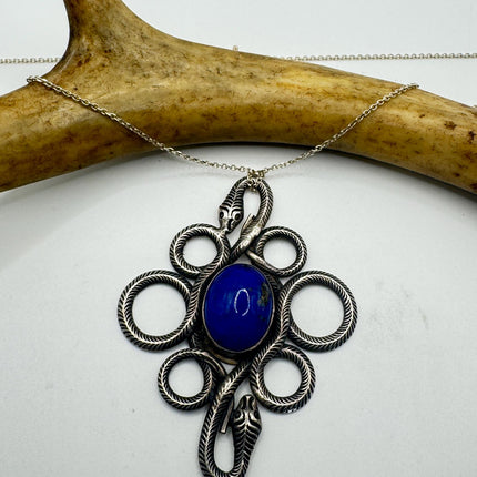 Vintage Lapis Lazuli Gemstone Snake SerpentPendant | 925 Sterling Silver Necklace