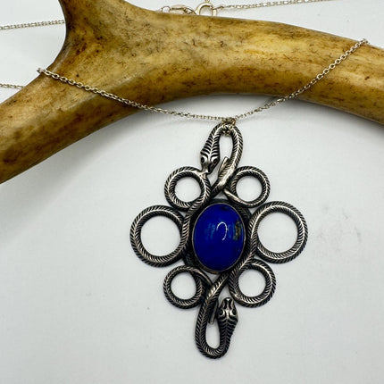 Vintage Lapis Lazuli Gemstone Snake SerpentPendant | 925 Sterling Silver Necklace