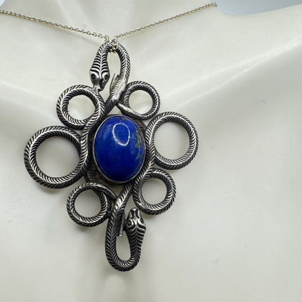 Vintage Lapis Lazuli Gemstone Snake SerpentPendant | 925 Sterling Silver Necklace