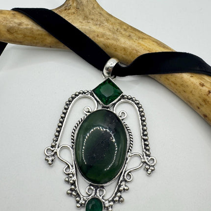 Vintage Green Bloodstone Choker Necklace - Bronze and Silver Finish Black Velvet Ribbon Design