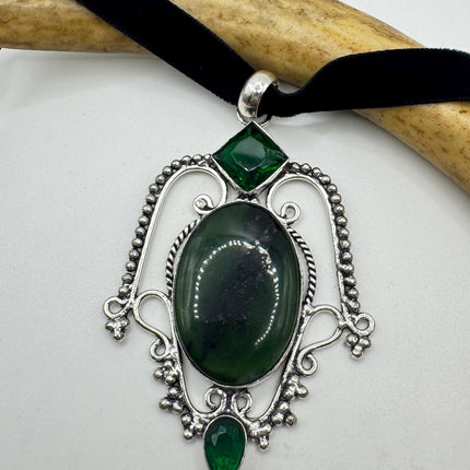 Vintage Green Bloodstone Choker Necklace - Bronze and Silver Finish Black Velvet Ribbon Design