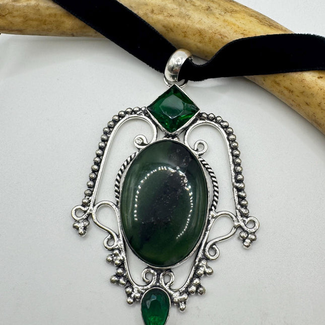 Vintage Green Bloodstone Choker Necklace - Bronze and Silver Finish Black Velvet Ribbon Design